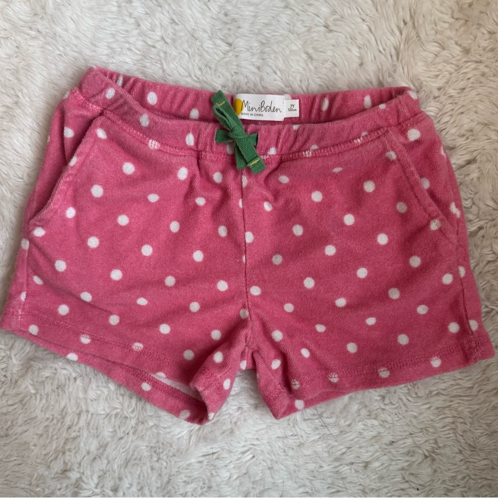 Kids Mini Boden Pink and White Polka Dot Terry Shorts